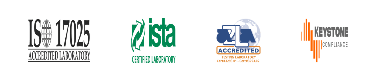 ISO 17025 accredited laboratory, ISTA certified laboratory, A2LA accredited testing laboratory (Cert #3293.01 and #3293.02), and Keystone Compliance