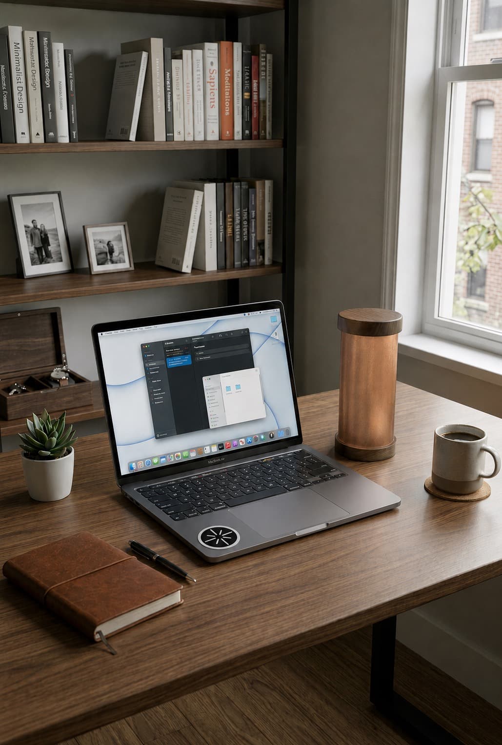 A Metashield patch applied to the trackpad of a MacBook on a home-office desk